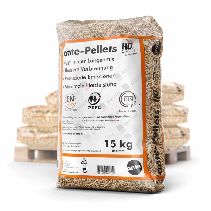 Holzpellets Ante HD DINplus & ENplus A1 – Palette 65 × 15 kg (975 kg)